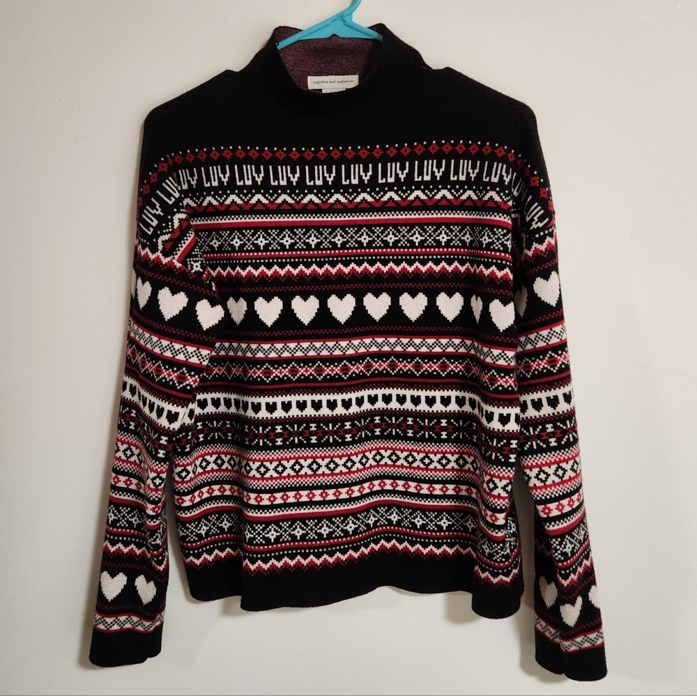 Cupcakes & Cashmere LUV Fair Isle Knit Sweater Mock Neck Black Red White Hearts